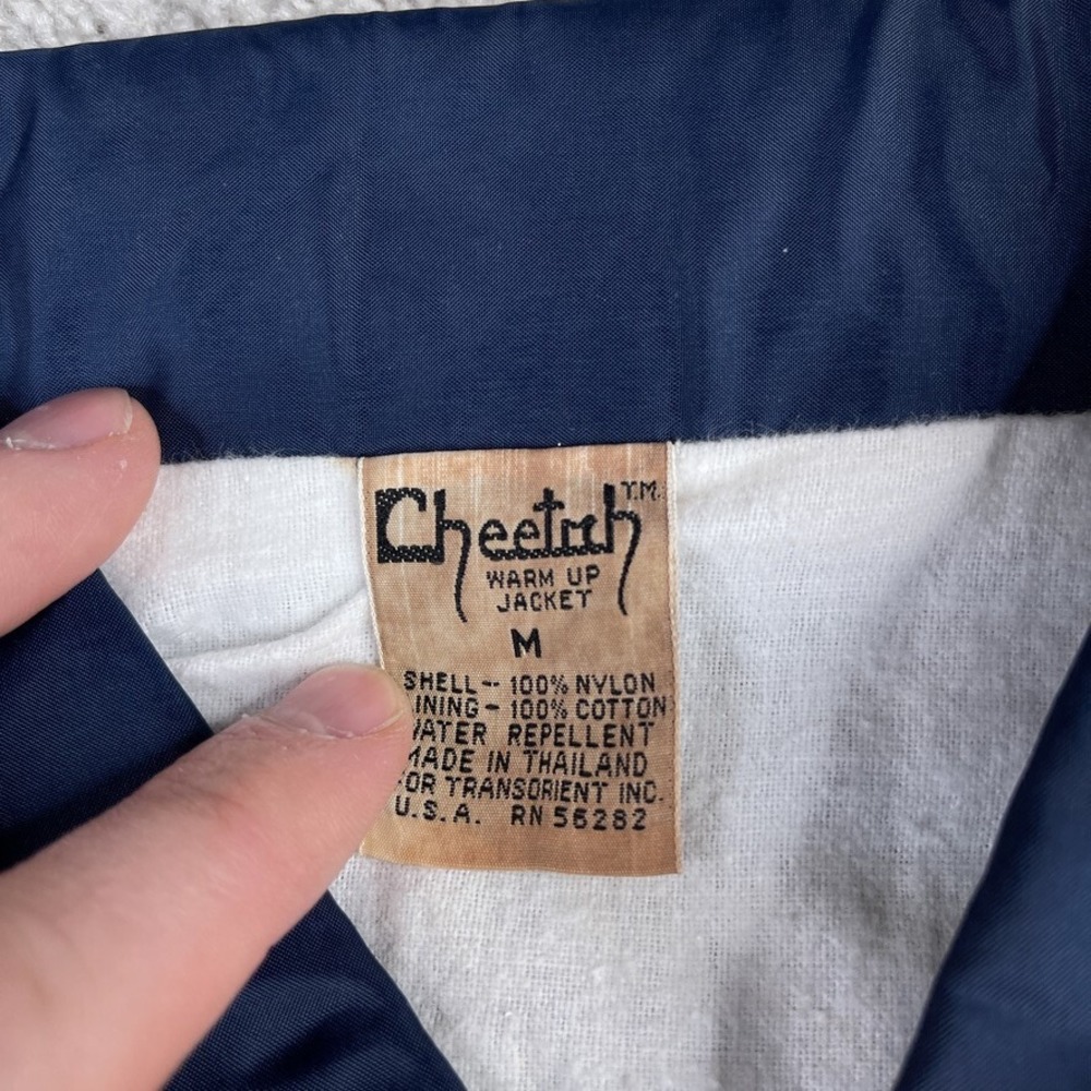 VINTAGE Cheetah Jacket Mens Medium Blue Warm Up Lined Satin Windbreaker 80s - Picture 5 of 14